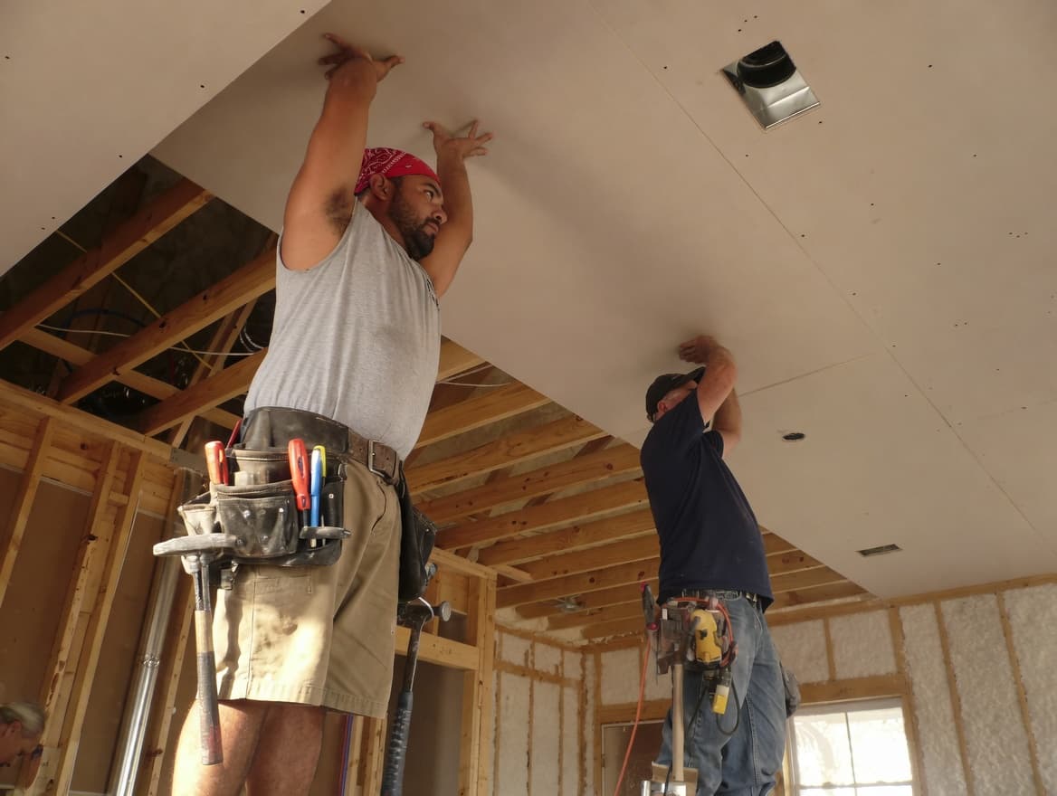 Crew installing ceiling drywall